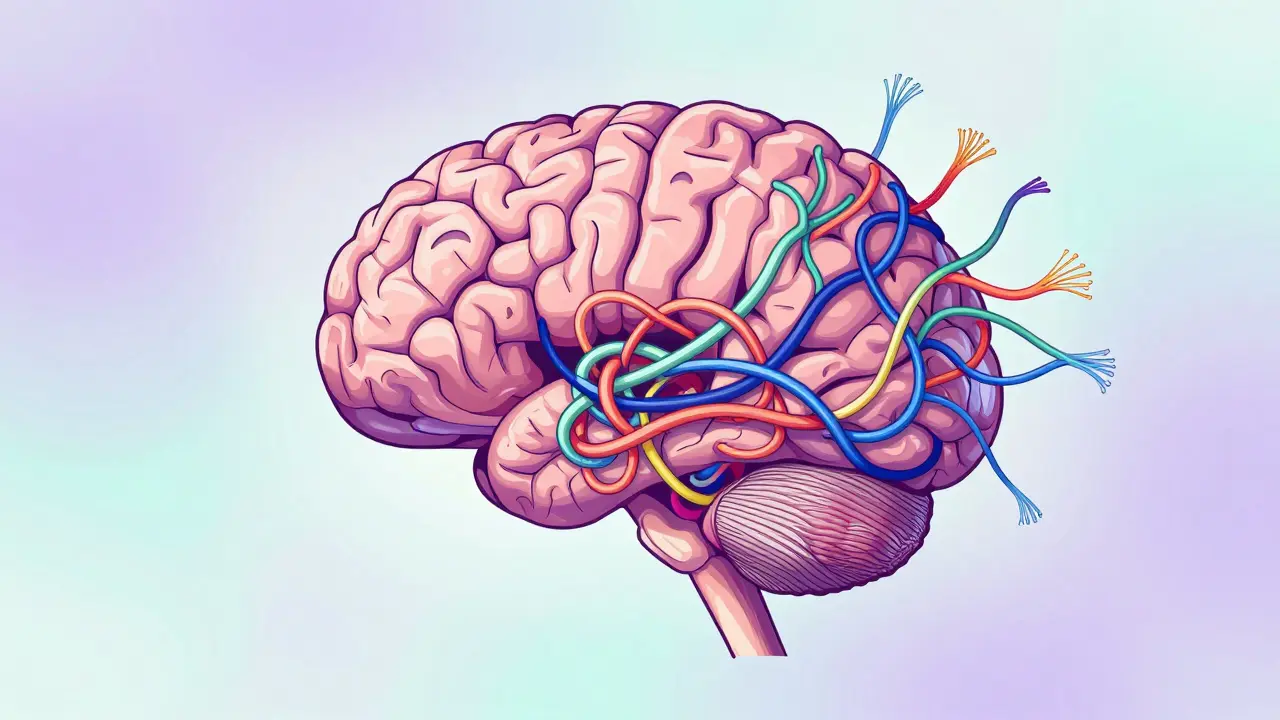Abstraktní ilustrace mozku s provázanými nitkami představující neurochemické procesy.