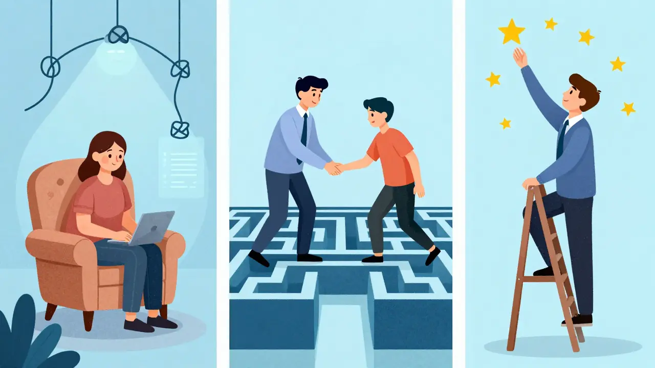 Ilustrace tří scén: terapie minulosti, řešení krize a plánování budoucnosti