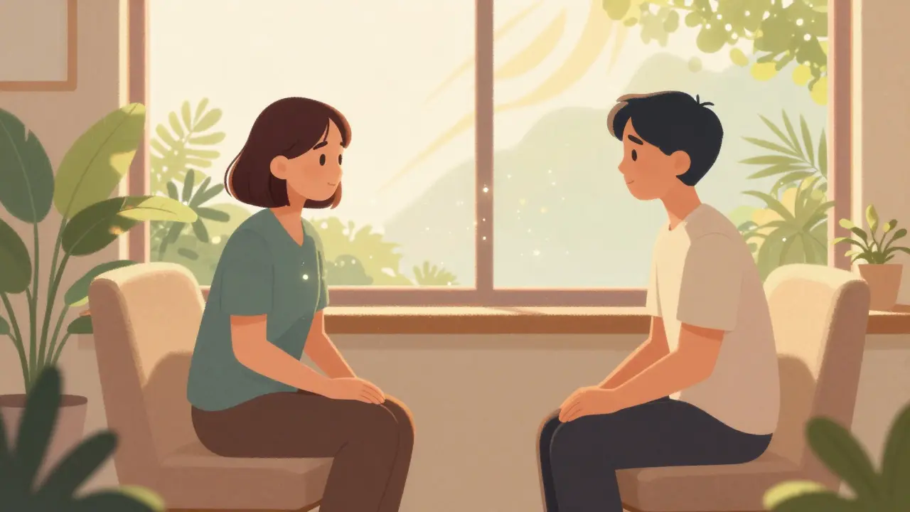 Jemná ilustrace bezpečného terapeutického prostoru s teplým světlem a rostlinami
