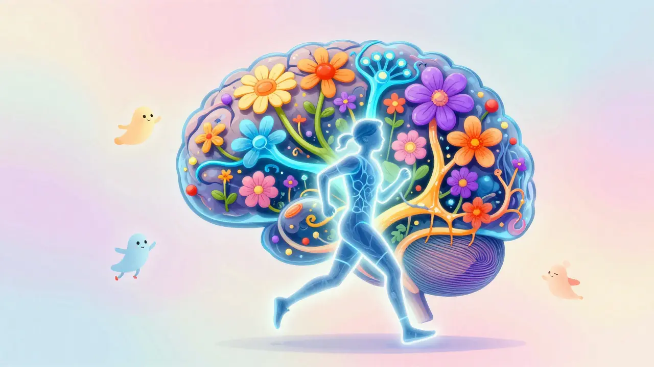 Koncepční ilustrace mozku jako kvetoucí zahrady během běhu