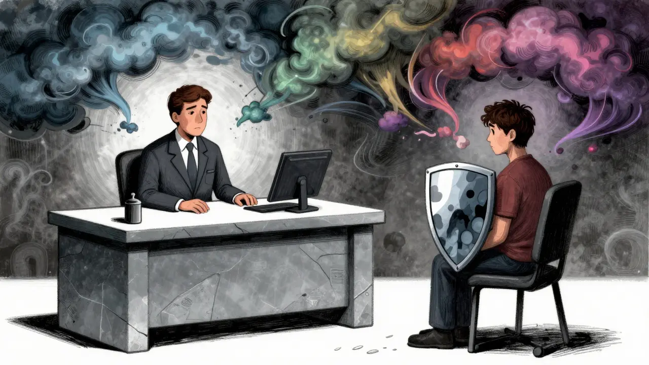 Konceptuální ilustrace nedorozumění mezi terapeutem a pacientem s HPO.
