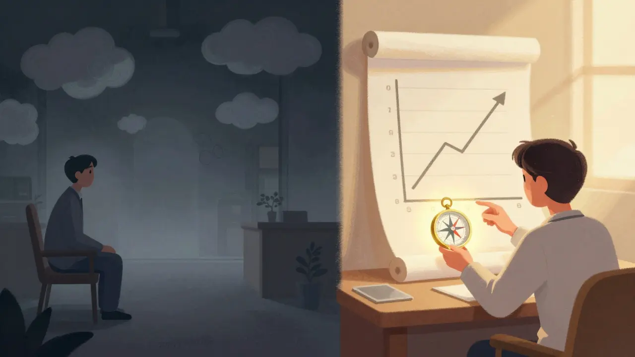 Kontrast mezi intuitivní a daty řízenou psychoterapií v ilustraci