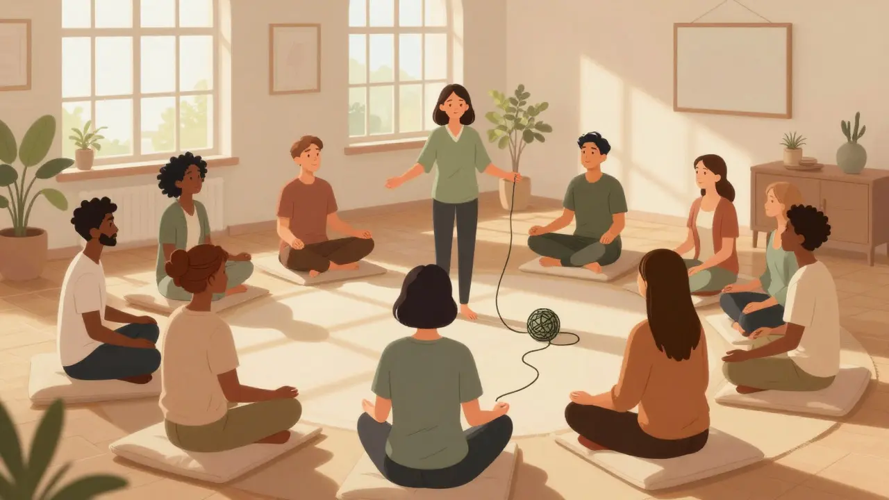 Skupina lidí v kruhu při meditaci, rozplétání uzlů mysli