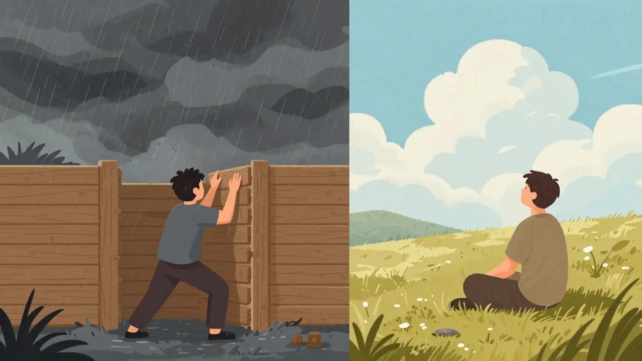 Srovnání budování bariér s klidným pozorováním myšlenek v ilustrativním stylu.