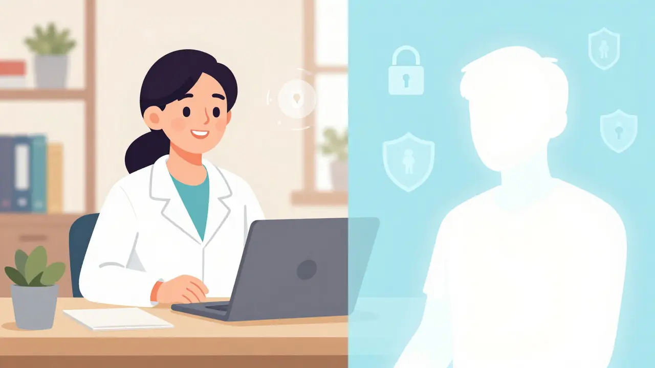 Ilustrace online terapie: terapeut s kamerou a anonymní klient jako silueta