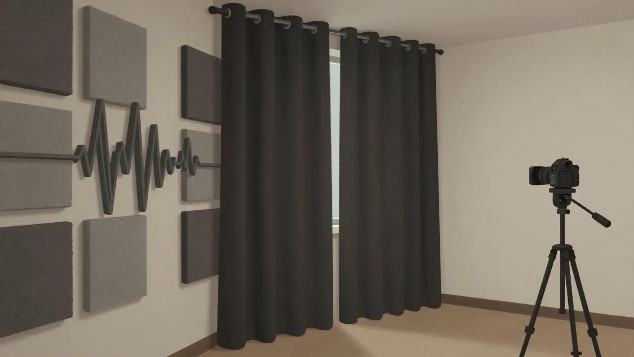 Místnost s akustickými panely a záclonami pro soukromí