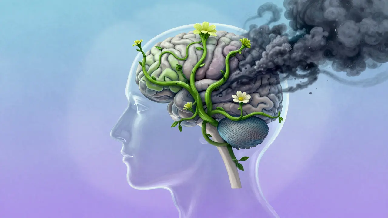 Mozek s rostoucími květinami symbolizující neuroplastiku