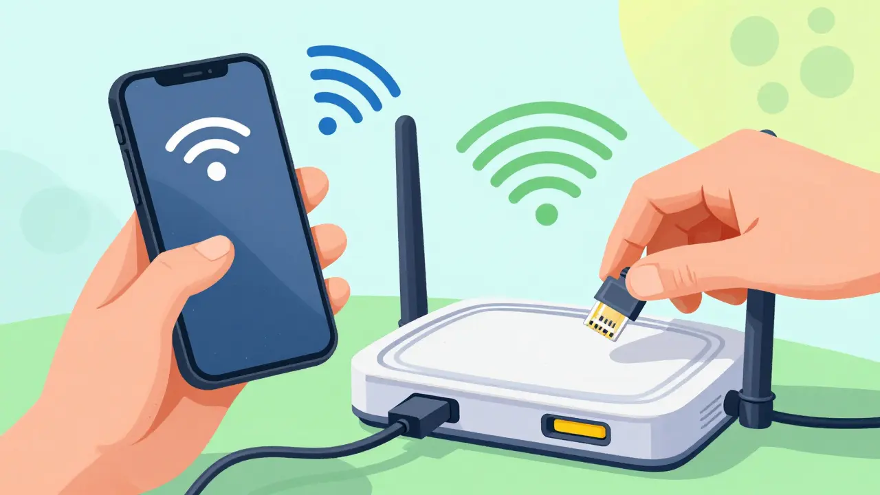 Ruce přepínají mobilní data a kontrolují kabel u routeru pro obnovení spojení