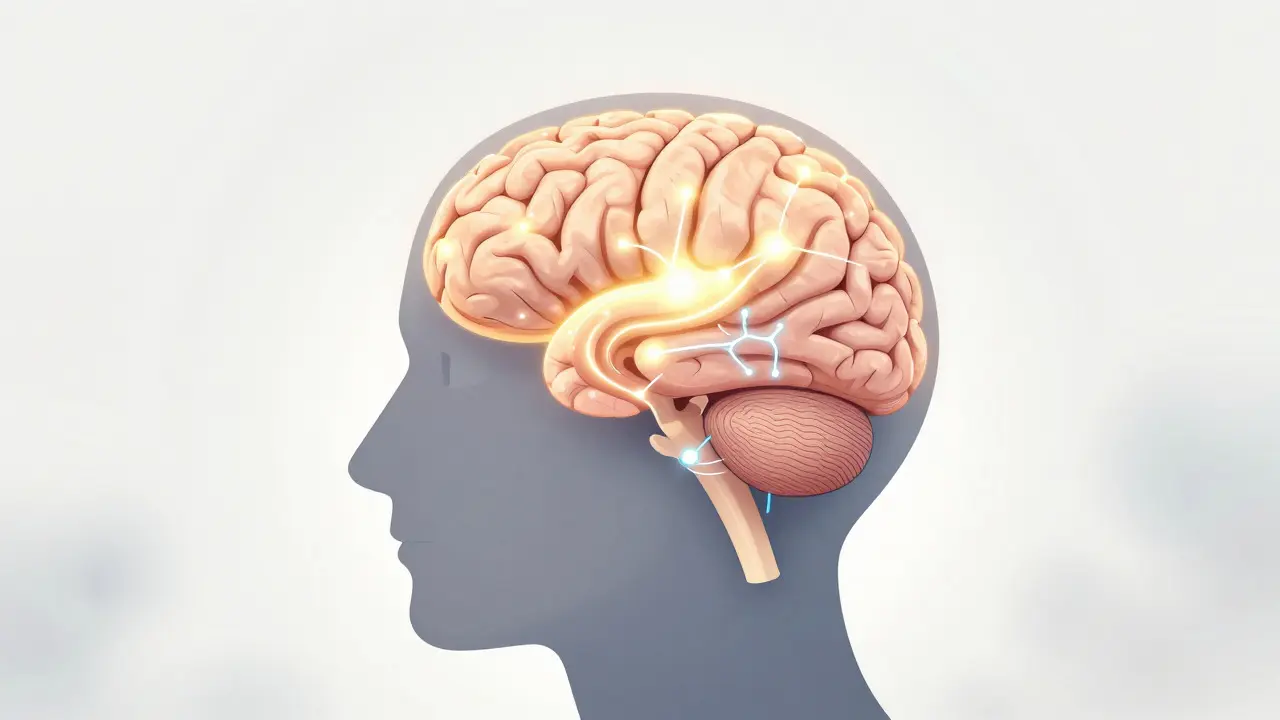 Stylizovaný obrázek mozku ukazující pozitivní účinky mindfulness