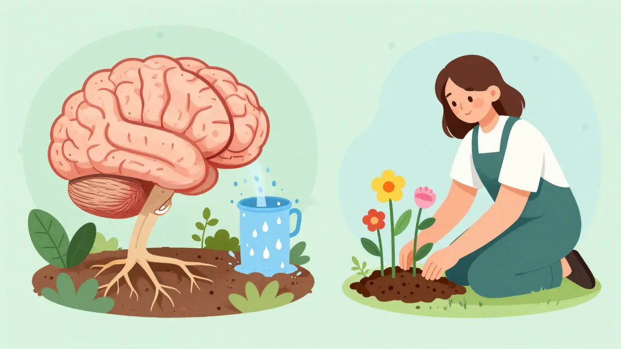 Symbolické zobrazení spolupráce léků a terapie při léčbě ADHD v pohádkovém stylu