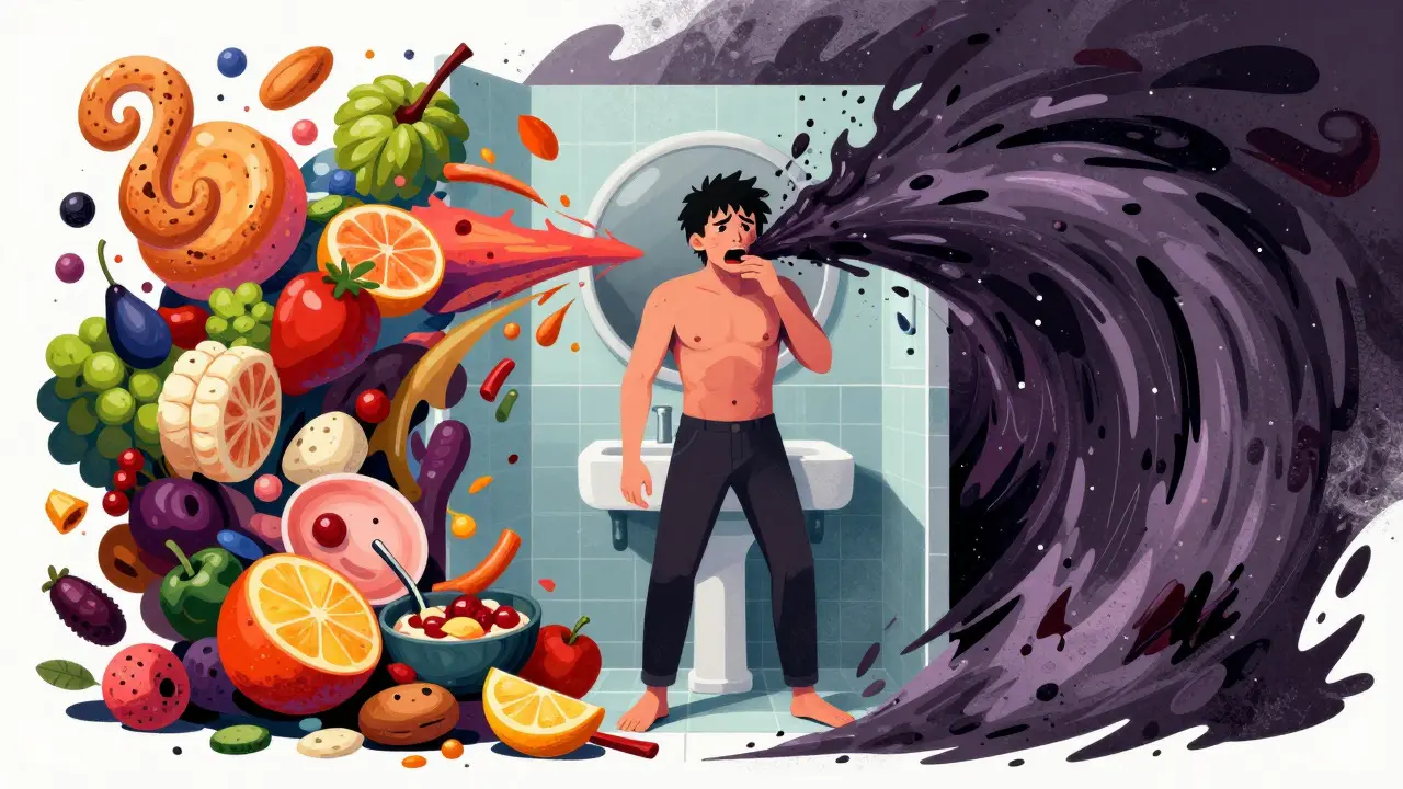 Abstraktní ilustrace cyklu přejídání a úzkosti u postavy s poruchou příjmu potravy.