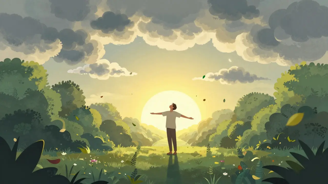Ilustrace osoby v zahradě symbolizující uzdravení a uvolnění
