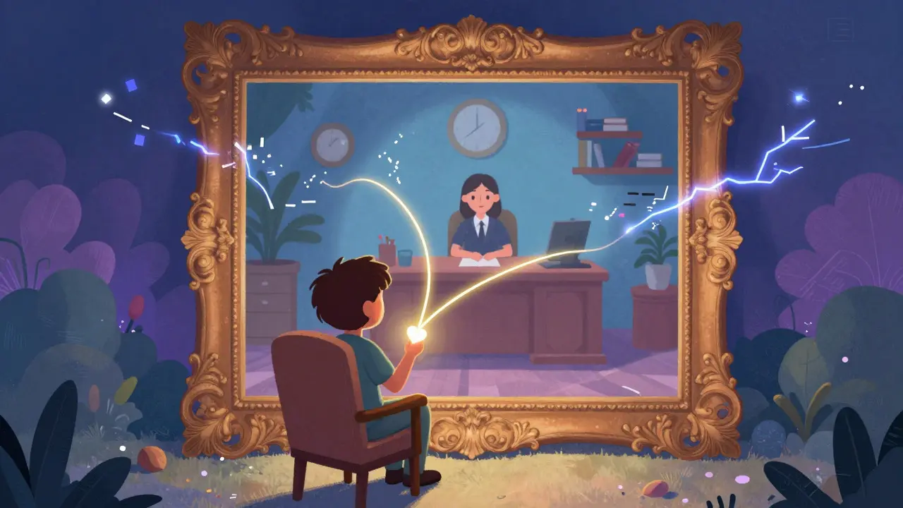 Ilustrace ukazující technické překážky a emocionální vazbu při videohovoru