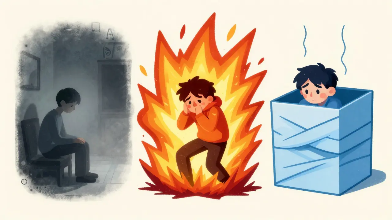 Kreslená scéna tří postav v různých emocích: izolace, chaos a kontrola v jednom rámu