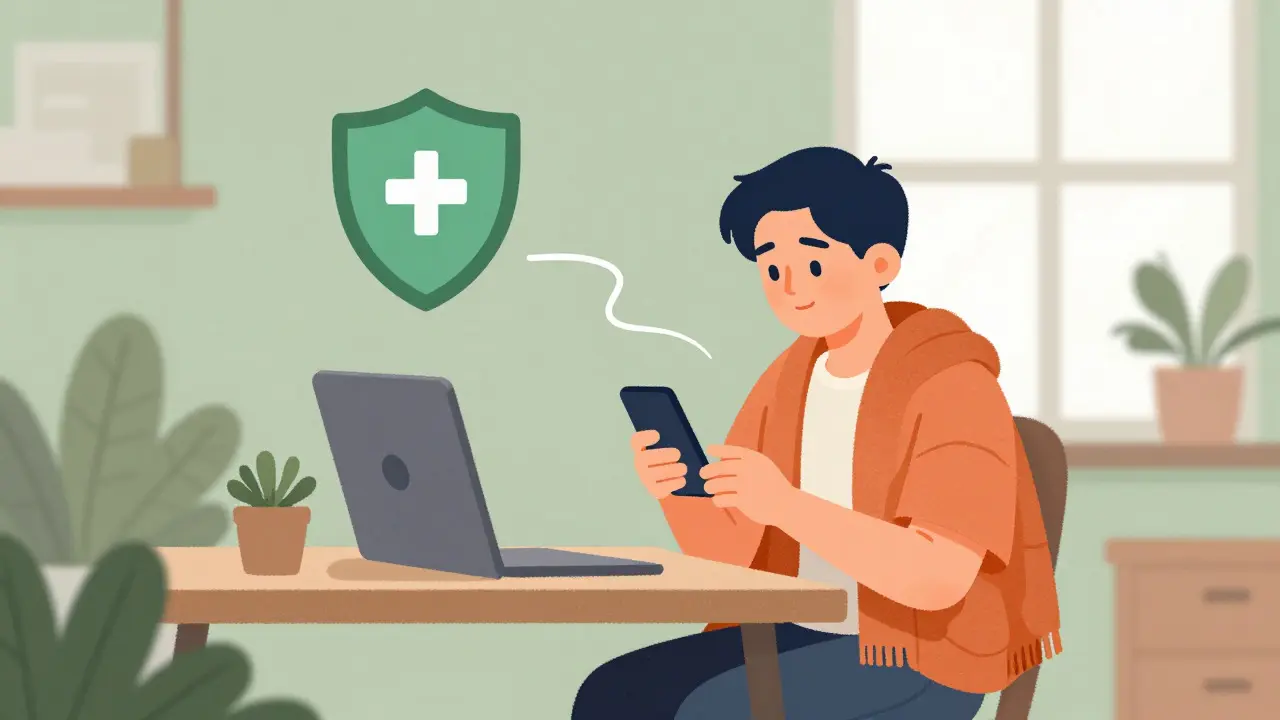 Osoba zapojená do online terapie doma s důrazem na soukromí a stabilitu