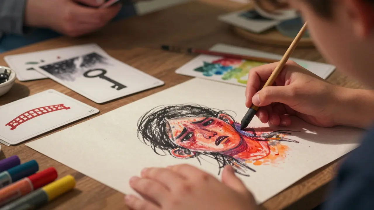 Zblízka ruce kreslící a malující barvami během arteterapie