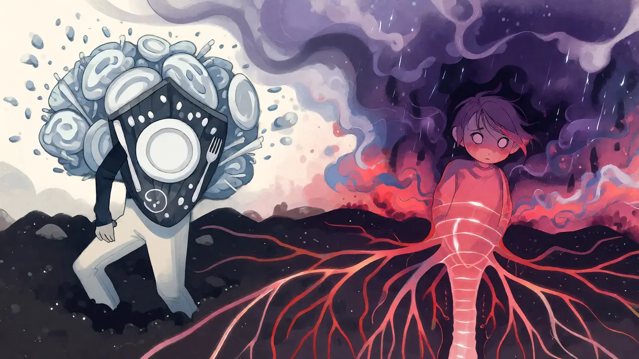 Abstraktní ilustrace mozku a těla, kde jídlo slouží jako obranný štít