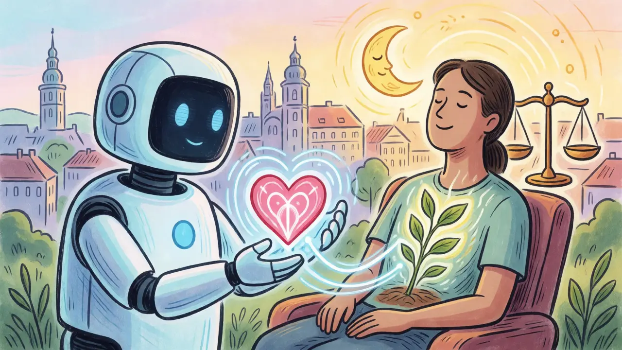 Digitální pomoc v psychosomatice znázorněná jako spojení technologie a lidského uzdravení