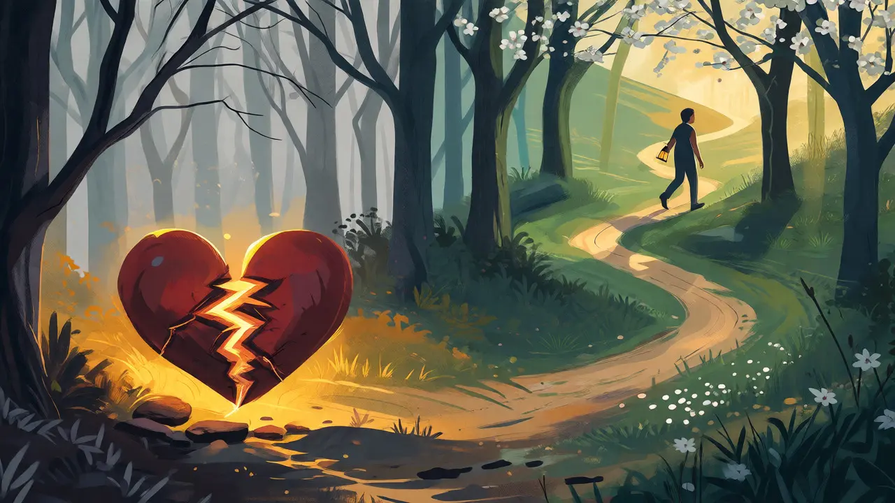 Ilustrace cesty uzdravení s opravovaným srdcem a kvetoucím lesem