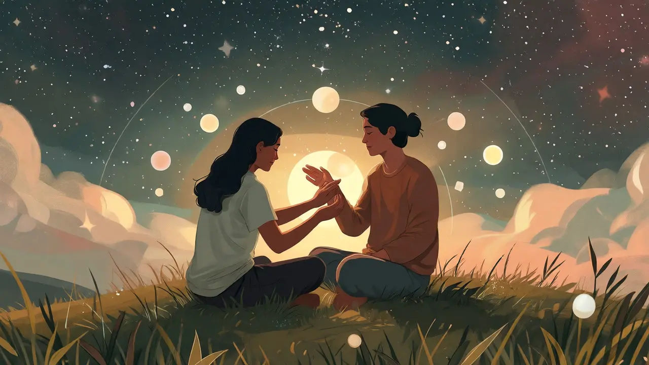 Ilustrace dvou postav na kopci symbolizující bezpečnou vazbu a tělesné uvědomění