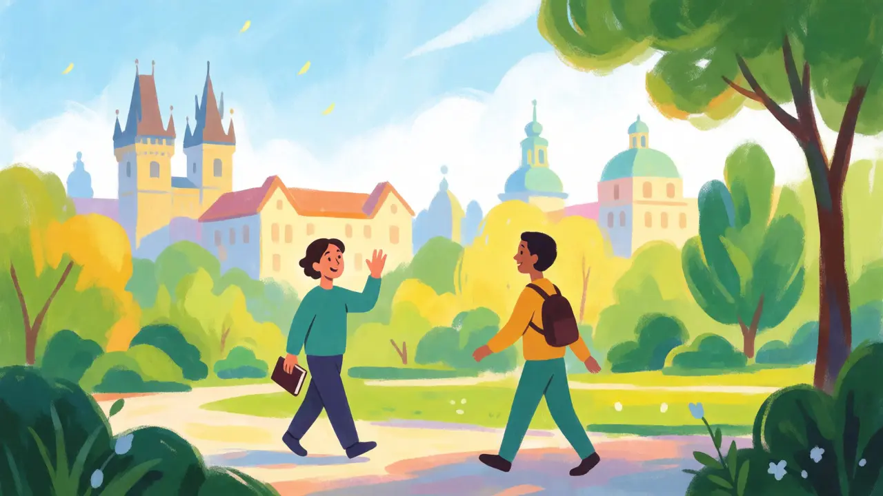 Osoba radostně potkávající přítele na procházce v parku