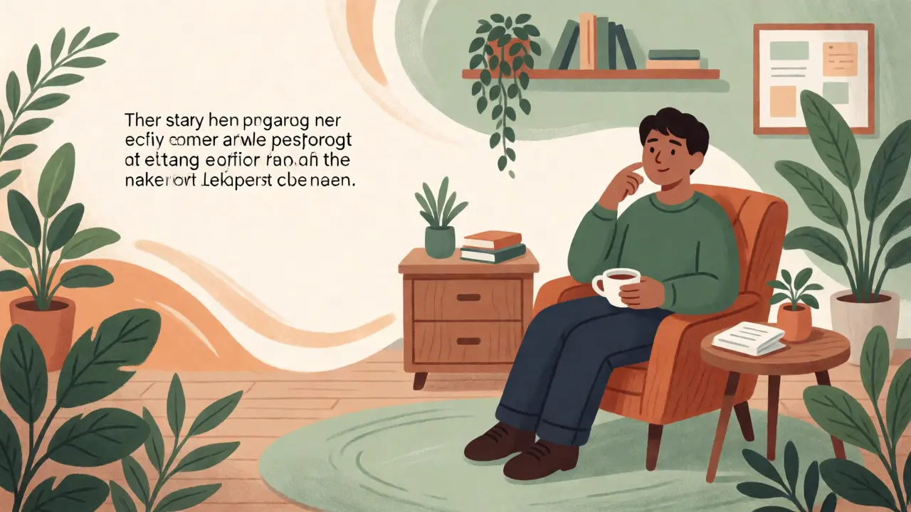 Person having a calm therapy session in a cozy, plant-filled room.