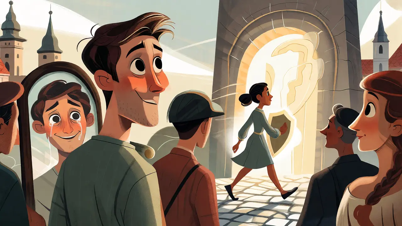 Pohádková ilustrace lidí přicházejících k terapii s různými emocemi
