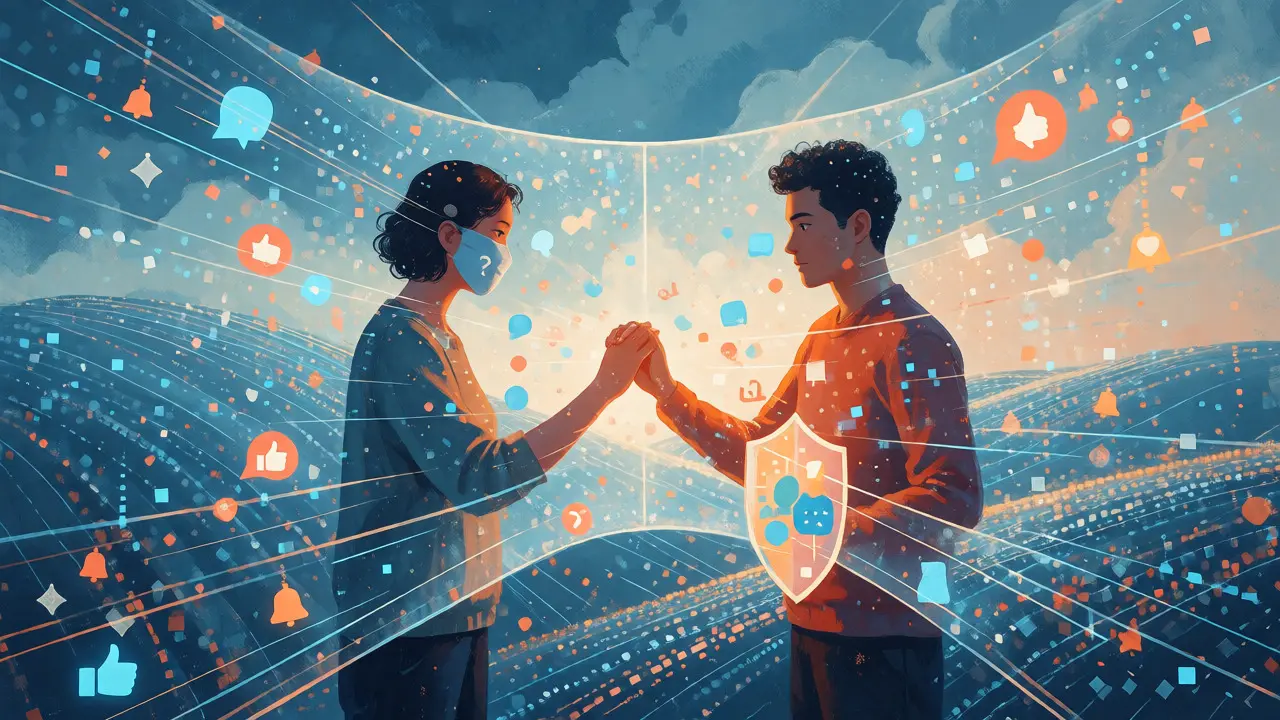 Dva partneři se snaží držet za ruce přes digitální bariéru symbolizující online hranice.