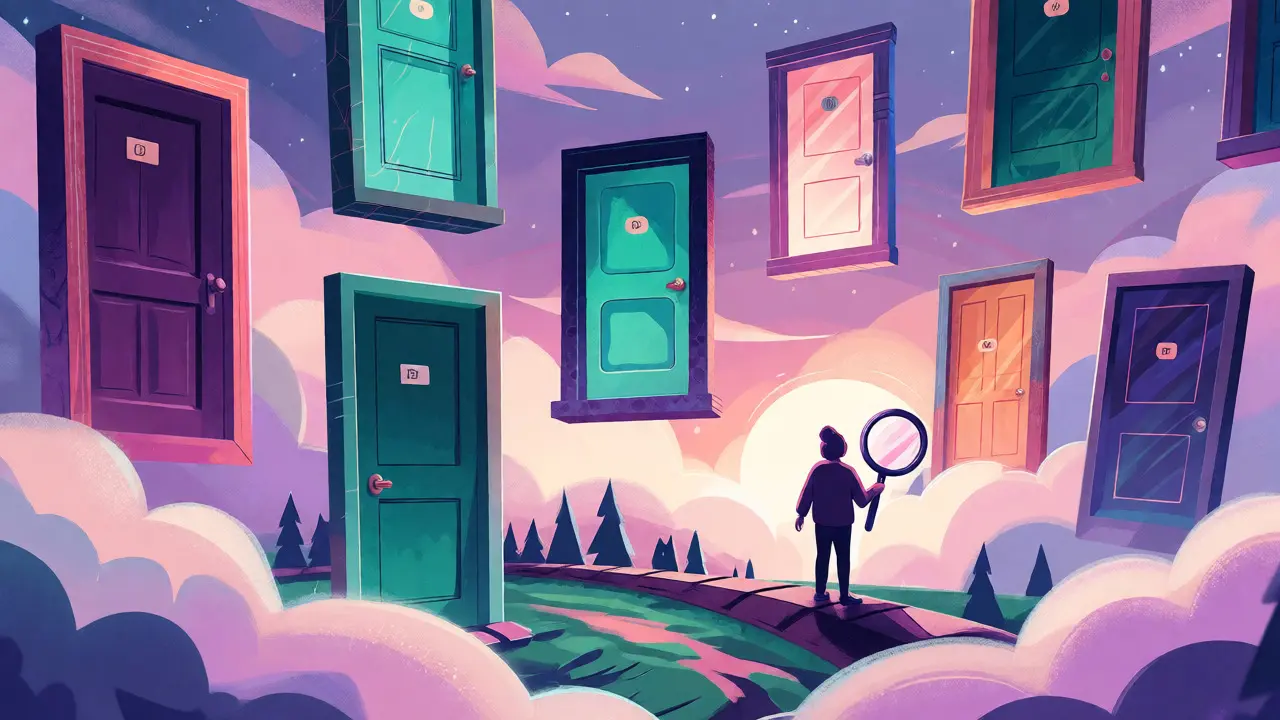 Fantazijní ilustrace různých barevných portálů představujících různé terapeutické přístupy pro výběr.