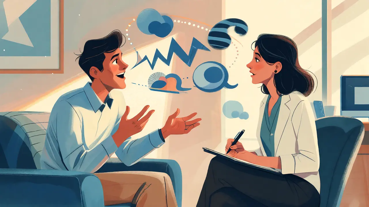 Ilustrace aktivního rozhovoru mezi terapeutem a klientem