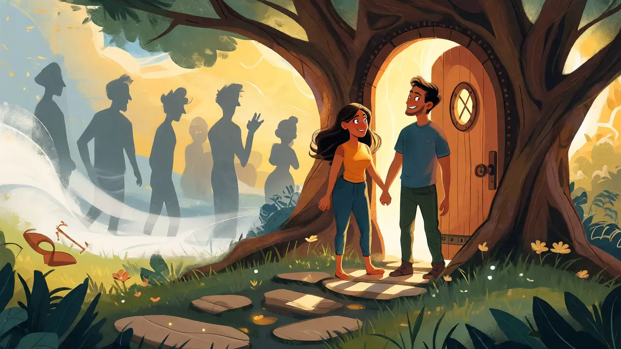 Ilustrace páru stojícího před dveřmi ve stromu jako symbolem nové začátku.