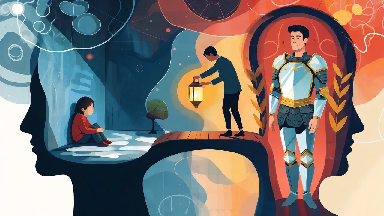 Ilustrace spojující zraněné vnitřní dítě a obranného dospělého