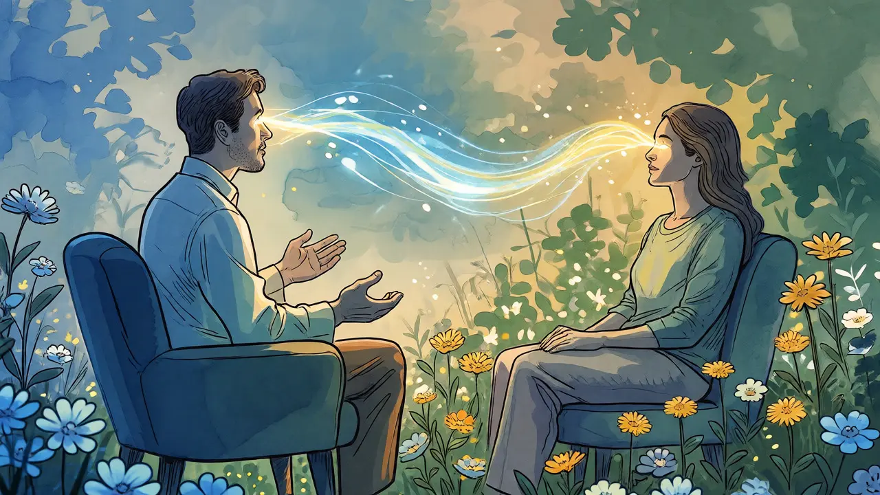 Ilustrace terapeuta a klienta v zahradě propojených světelným paprskem očí.