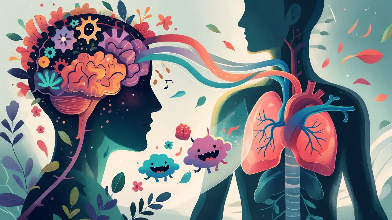 Kresba propojující mozek s tělem barevnými stuhami, znázorňující vliv psychiky na fyzické zdraví.