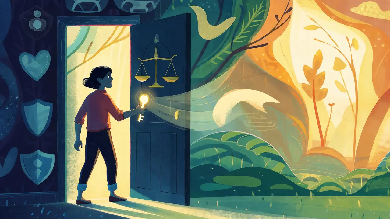 Postava držící klíč u dveří v ilustrativním stylu, symbolizující nastavení osobních hranic