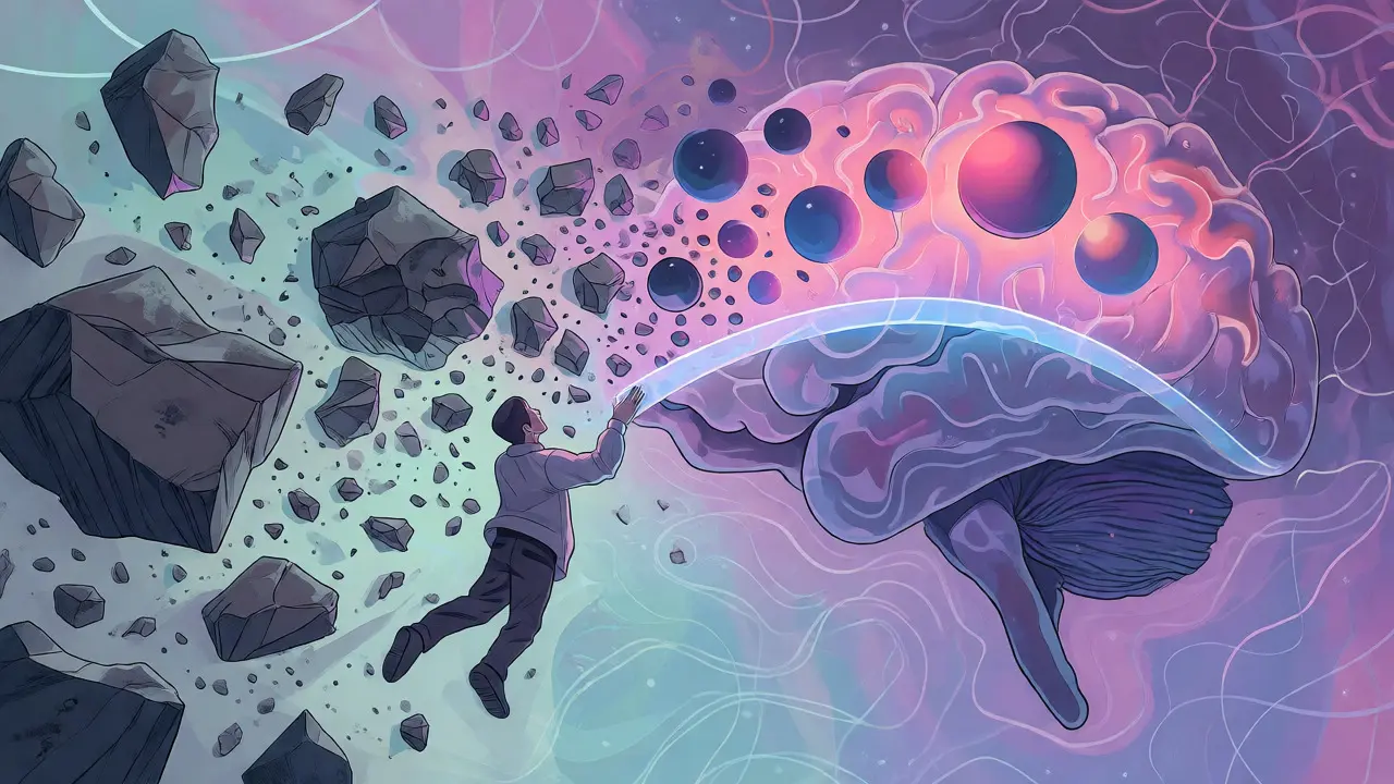 Surrealistická ilustrace transformace traumatických vzpomínek v mysli